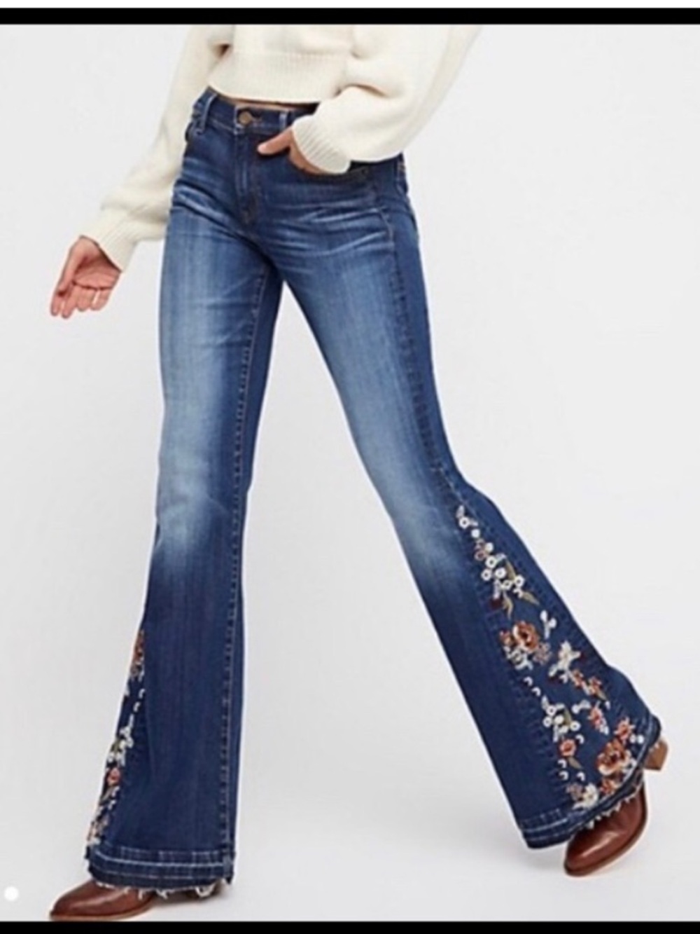 Driftwood Farrah Bell Bottom Jeans floral embroidered dark blue raw hem mid rise
